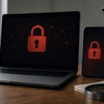 Computador e celular exibindo páginas digitais bloqueadas durante operação contra sites ilegais de apostas, sem textos legíveis ou logotipos