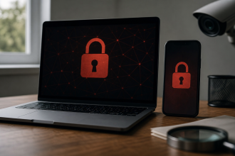 Computador e celular exibindo páginas digitais bloqueadas durante operação contra sites ilegais de apostas, sem textos legíveis ou logotipos