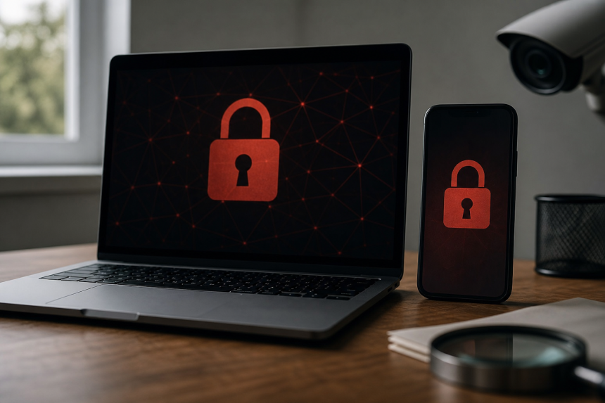 Computador e celular exibindo páginas digitais bloqueadas durante operação contra sites ilegais de apostas, sem textos legíveis ou logotipos