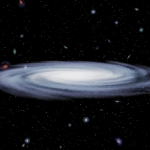 Ilustração de uma galáxia espiral cercada por estrelas e outras galáxias no espaço profundo.