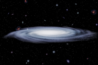 Ilustração de uma galáxia espiral cercada por estrelas e outras galáxias no espaço profundo.