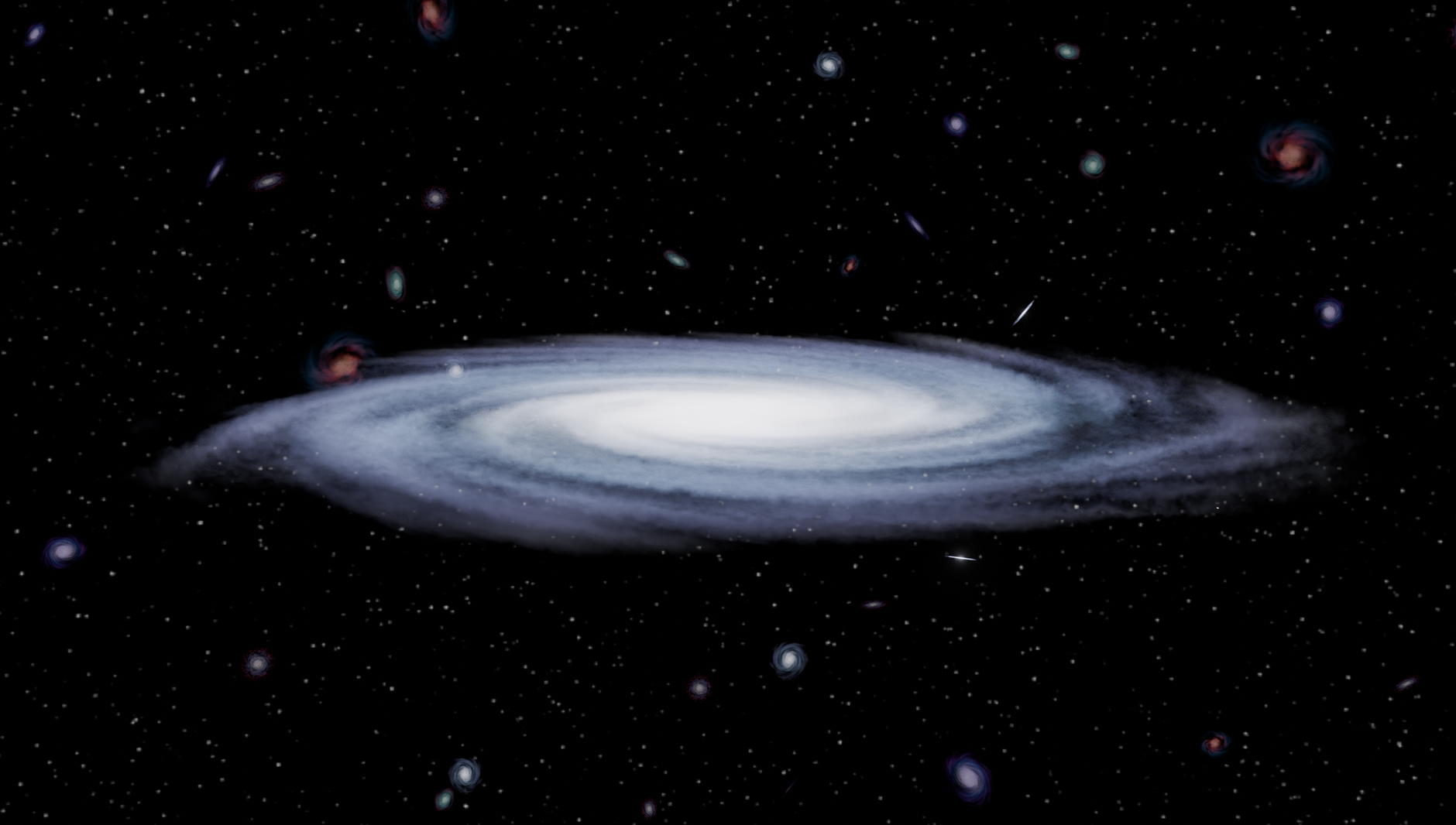 Ilustração de uma galáxia espiral cercada por estrelas e outras galáxias no espaço profundo.