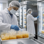Profissionais trabalham em estrutura de processamento e armazenamento de plasma para produção de medicamentos