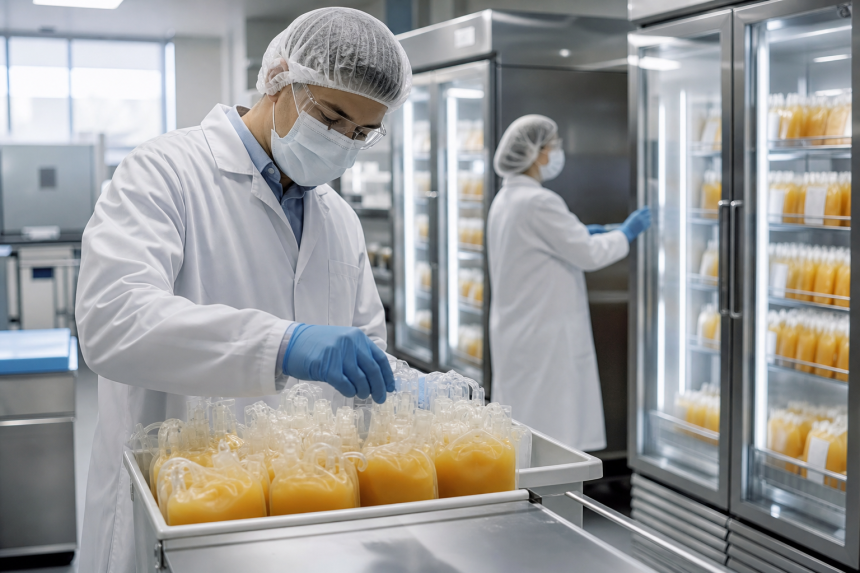 Profissionais trabalham em estrutura de processamento e armazenamento de plasma para produção de medicamentos