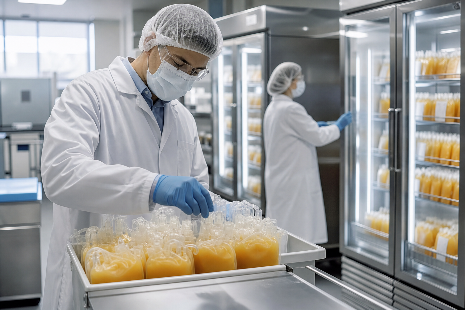 Profissionais trabalham em estrutura de processamento e armazenamento de plasma para produção de medicamentos