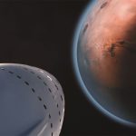 Ilustração de uma espaçonave aproximando-se de Marte durante uma missão de exploração interplanetária.