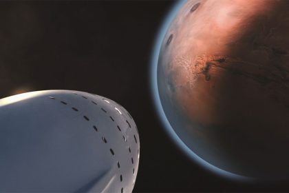 Ilustração de uma espaçonave aproximando-se de Marte durante uma missão de exploração interplanetária.